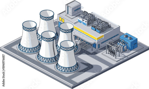 Isometric nuclear power plant illustration featuring cooling towers, industrial energy production facility, electricity generation infrastructure and modern utility engineering design