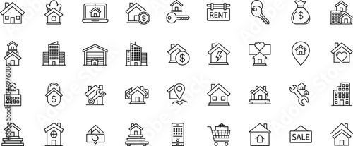 Real estate and property management line icons set featuring homes, rentals, online listings, keys, money, maintenance, investment and location services