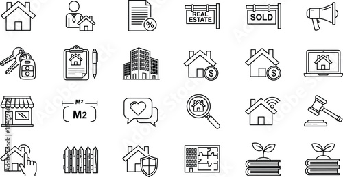 Real estate line icon set featuring property, housing, sales, contracts, mortgages, legal, investment and smart home symbols for business design