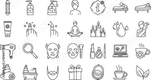 Spa, wellness, and beauty line icons set featuring skincare, massage, relaxation therapy, cosmetics, self care, aromatherapy symbols