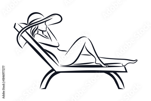 Young woman relaxing on lounge chair wearing large sun hat is outlined