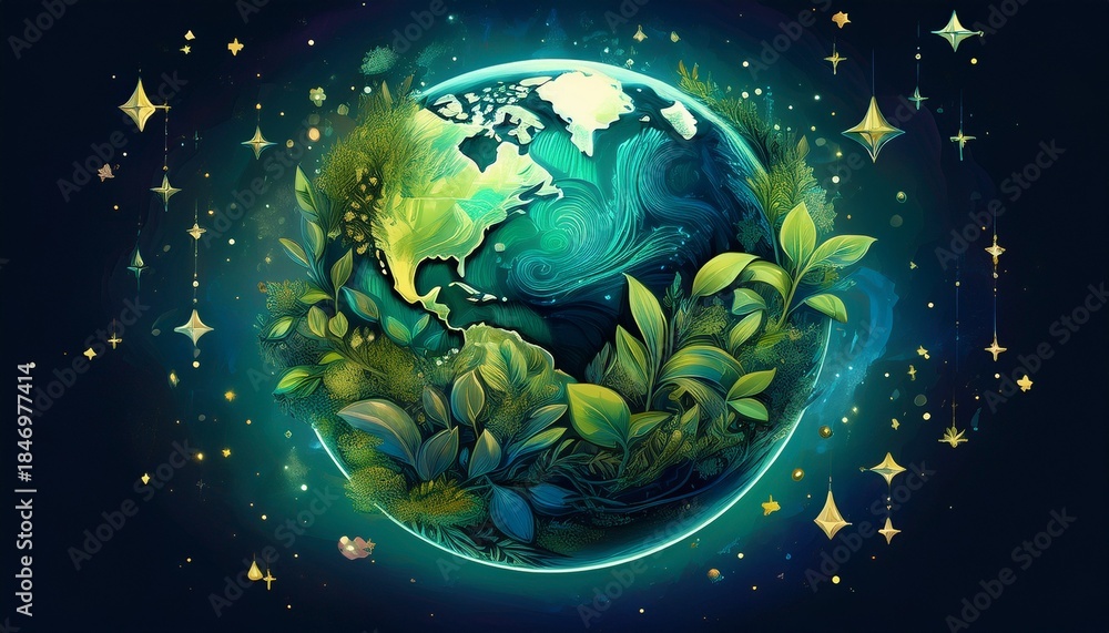Naklejka premium the earth with green plants and stars