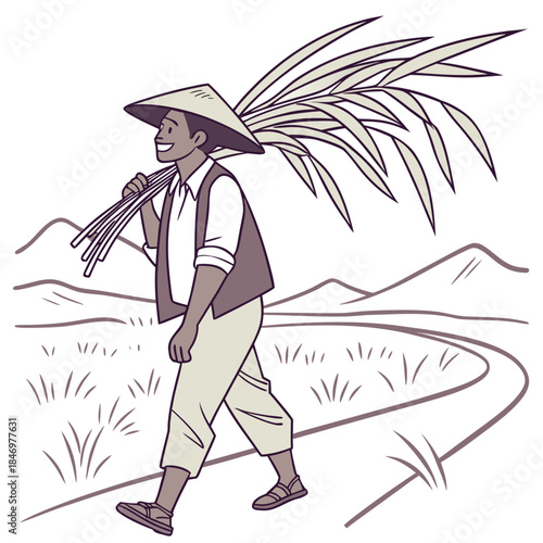 Smiling man wearing a conical hat carries wheat stalk through an agricultural field landscape