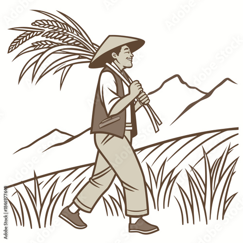 Smiling Asian farmer wearing a conical hat carries harvested wheat in a rural landscape