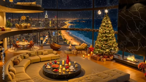 Luxury apartment interior with Christmas tree and sea view. Cozy living room with fireplace, candles, and panoramic window overlooking night beach city.