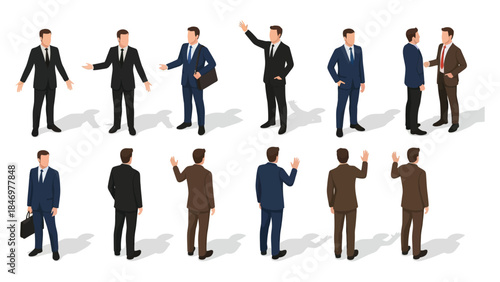 Set of isometric vector illustrations featuring diverse businessmen in various standing, walking, pointing, and holding briefcase poses for business and corporate design

