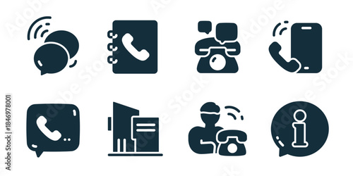 Call center excellent icon collection. Set of chat support, phone book, customer service, mobile call, voice message, office building, operator call, info chat icons