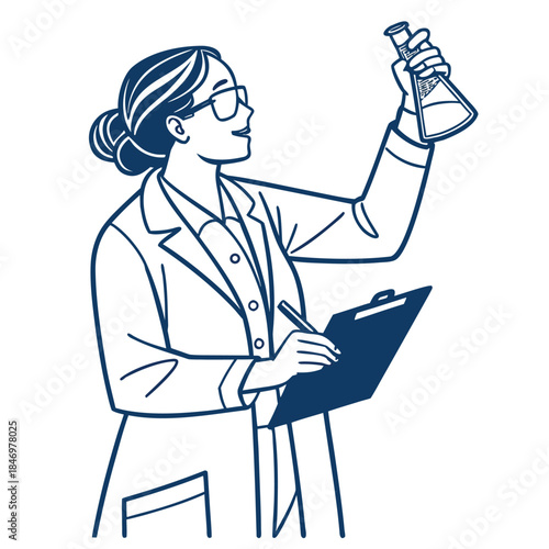 Scientist in lab coat examining flask and making notes on clipboard