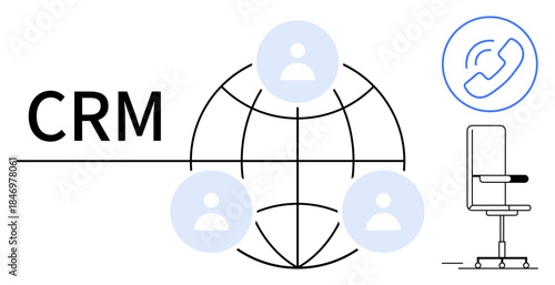 Customer engagement, business management, communication, office solutions, global connectivity, remote work. Visual elements include the CRM text, user icons and office chair. Customer engagement