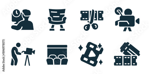Movie and cinema excellent icon collection. Set of film review, cinema seat, film editing, video camera, filming crew, theater audience, film strip, movie ticket icons