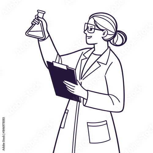 Smiling scientist examines the liquid inside a flask while holding a clipboard in laboratory