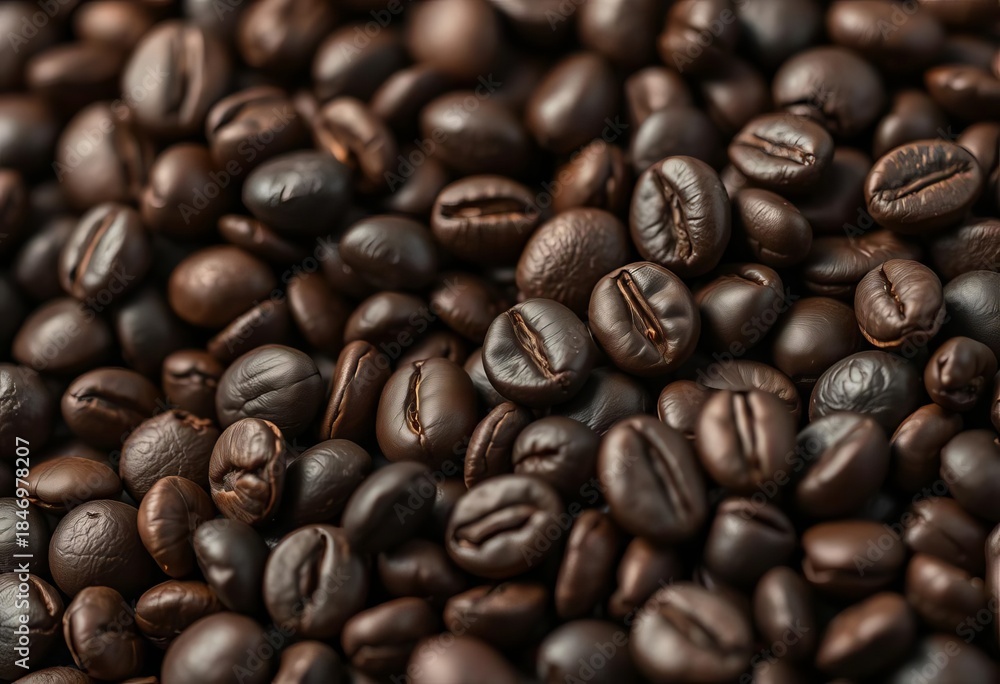 Fototapeta premium Dark roasted coffee beans close-up, ample copy space, copy space, background