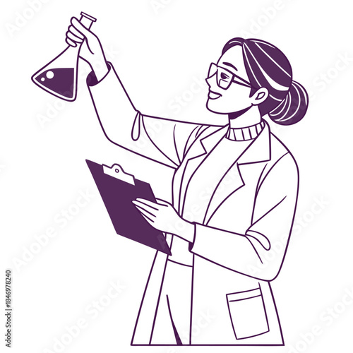 Young woman in lab coat examines flask while holding a clipboard in line art