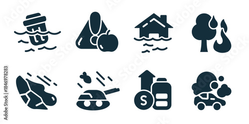 Global crisis excellent icon collection. Set of flooding infrastructure, food shortage, flooded house, wildfire tree, asteroid impact, military conflict, inflation growth, evacuation car icons