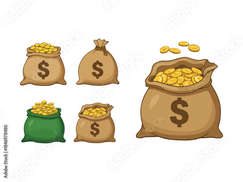 Collection of Money Bags with Coins and Dollars Sign