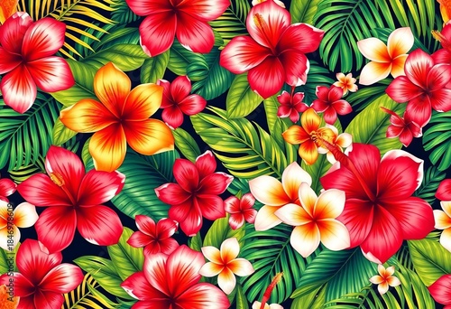 Vibrant tropical floral vector seamless pattern featuring monstera, areca palm, fan palm, hibiscus, and frangipani, floral, texture