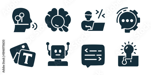 Artificial intelligence excellent icon collection. Set of speech analysis, neural search, coding laptop, smart chat, text generation, robot assistant, code message, innovation idea icons