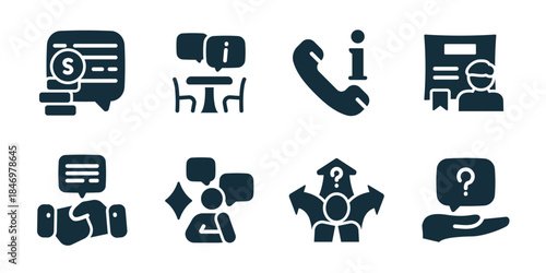 Consulting excellent icon collection. Set of financial advice, business discussion, phone consultation, client report, teamwork chat, expert support, problem solving, service help icons