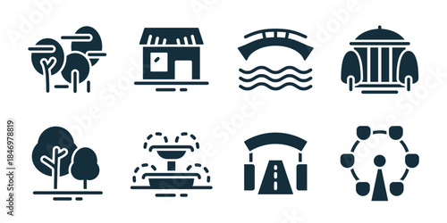 City park excellent icon collection. Set of trees group, small house, bridge over water, pavilion building, park trees, fountain, road arch, ferris wheel icons