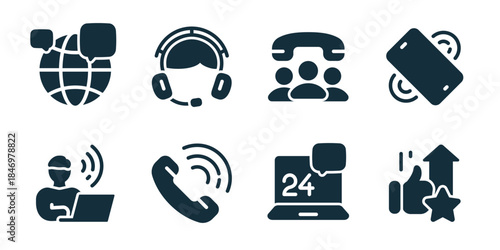 Call center excellent icon collection. Set of global support, headset operator, group call, mobile contact, remote work, incoming call, support laptop, rating approval icons