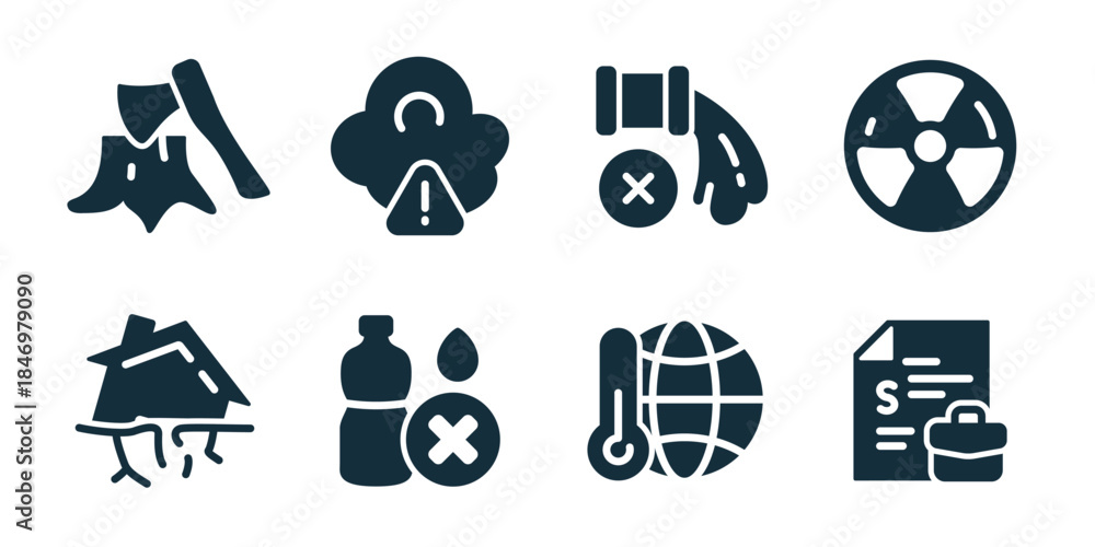 Obraz premium Global crisis excellent icon collection. Set of deforestation, pollution alert, gas shutdown, nuclear danger, earthquake house, water shortage, climate temperature, economic document icons