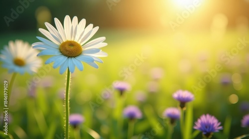Fototapeta Naklejka Na Ścianę i Meble -  A beautiful daisy flower stands tall in a sunlit meadow with purple flowers in the background