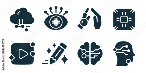 Artificial intelligence excellent icon collection. Set of data cloud, neural eye, human robot hand, processor chip, media algorithm, creative code, digital brain, ai profile icons
