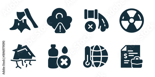 Global crisis excellent icon collection. Set of deforestation, pollution alert, gas shutdown, nuclear danger, earthquake house, water shortage, climate temperature, economic document icons