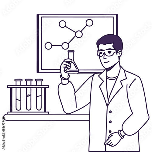 Smiling Asian scientist wearing glasses holds beaker during experiment with test tubes nearby
