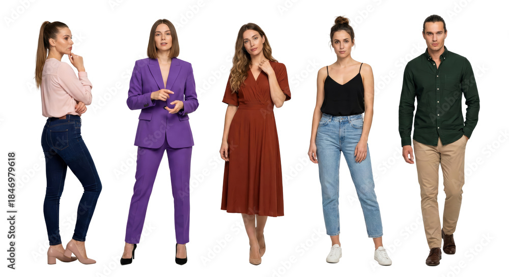 Obraz premium diverse group of young adults in stylish casual and formal outfits isolated on transparent