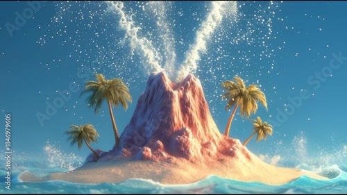 Tropical island paradise with erupting volcano and palm trees