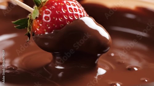 Close-Up Of A Fresh Red Strawberry Being Dipped Into A Bowl Of Rich Molten Chocolate With A Wooden Skewer In A Studio Setting With Soft Lighting