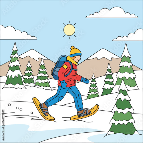 "Snowshoeing Adventure: Man with Backpack in Snowy Mountain Landscape with Pine Trees - Winter Outdoor Activity Vector Illustration and Coloring Page"