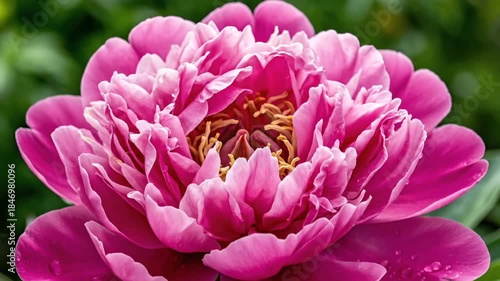 Vibrant Pink Peony Flower in Full Bloom with Detailed Petals and Green Garden Background on a Sunny Day