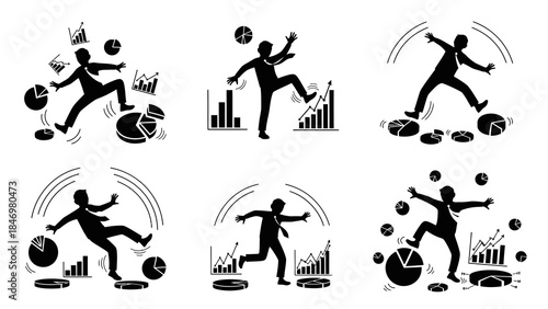 Businessman juggling financial charts pie graphs and bar charts illustrating complex business challenges and economic volatility in a dynamic corporate environment