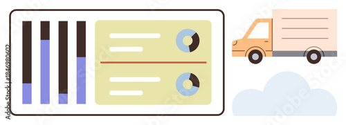 Data graphs with bar and pie charts beside a truck and a cloud. Ideal for logistics, delivery, data tracking, performance monitoring, transportation, business analysis, and planning. A simple flat