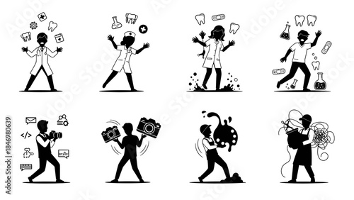 Doctors nurses photographers and artists shown in various activities including juggling medical items holding cameras and managing creative chaos