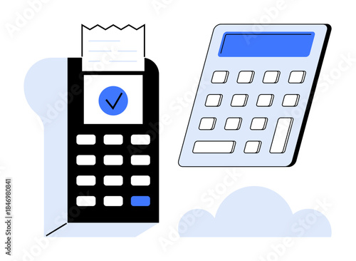 E-commerce, payment processing, financial management, accounting, budgeting, technology. A payment terminal with a receipt and a calculator. E-commerce and payment processing concept