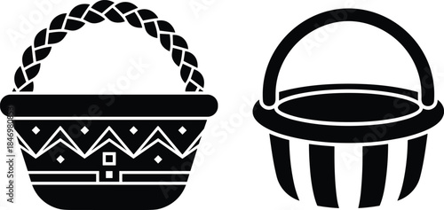 Basket silhouette vector illustration set, picnic and storage baskets icons, black household container designs, simple flat graphic collection