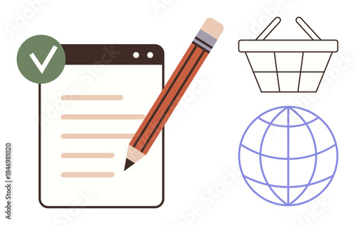 Open browser page with pencil and checkmark, shopping basket, and global icon. Ideal for e-commerce, digital marketing, content creation, online learning, globalization, digital checklist simple