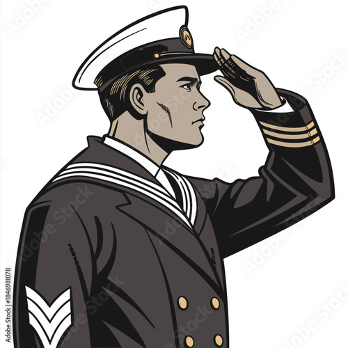 Serious man in navy uniform and cap salutes with hand up in the air