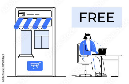 Online shopping concept. Online shopping storefront encouraging commerce with mobile convenience. Online shopping for free services or paid goods. For e-commerce, digital marketing, education apps