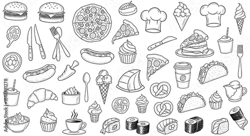 A delightful collection of hand drawn food items including desserts fast food and beverages