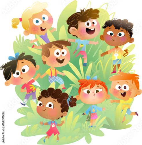 Colorful diverse multiracial group of children playing in nature among trees and on grass. Happy little smiling kids, festive party in forest nature. Vector children characters illustration