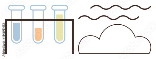 Three test tubes with colored liquids in a rack next to a cloud and wavy lines. Ideal for science, chemistry, environmental study, pollution research, sustainability, climate, simple flat metaphor