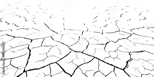 Minimal black and white cracked earth texture showing dry soil plates and deep fissures. Perfect for drought, climate change, environmental damage concepts, abstract backgrounds, and graphic design us