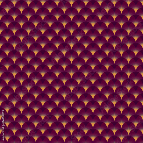Seamless abstract burgundy pattern of hemispheres with bright flashes of light and starbursts. Vector illustration.