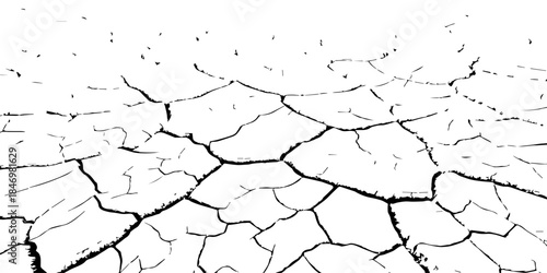 Minimal black and white cracked earth texture showing dry soil plates and deep fissures. Perfect for drought, climate change, environmental damage concepts, abstract backgrounds, and graphic design us