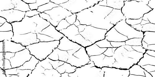 Minimal black and white cracked earth texture showing dry soil plates and deep fissures. Perfect for drought, climate change, environmental damage concepts, abstract backgrounds, and graphic design us