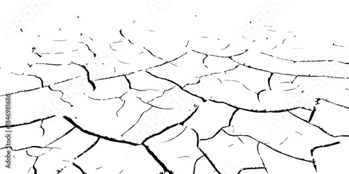 Minimal black and white cracked earth texture showing dry soil plates and deep fissures. Perfect for drought, climate change, environmental damage concepts, abstract backgrounds, and graphic design us